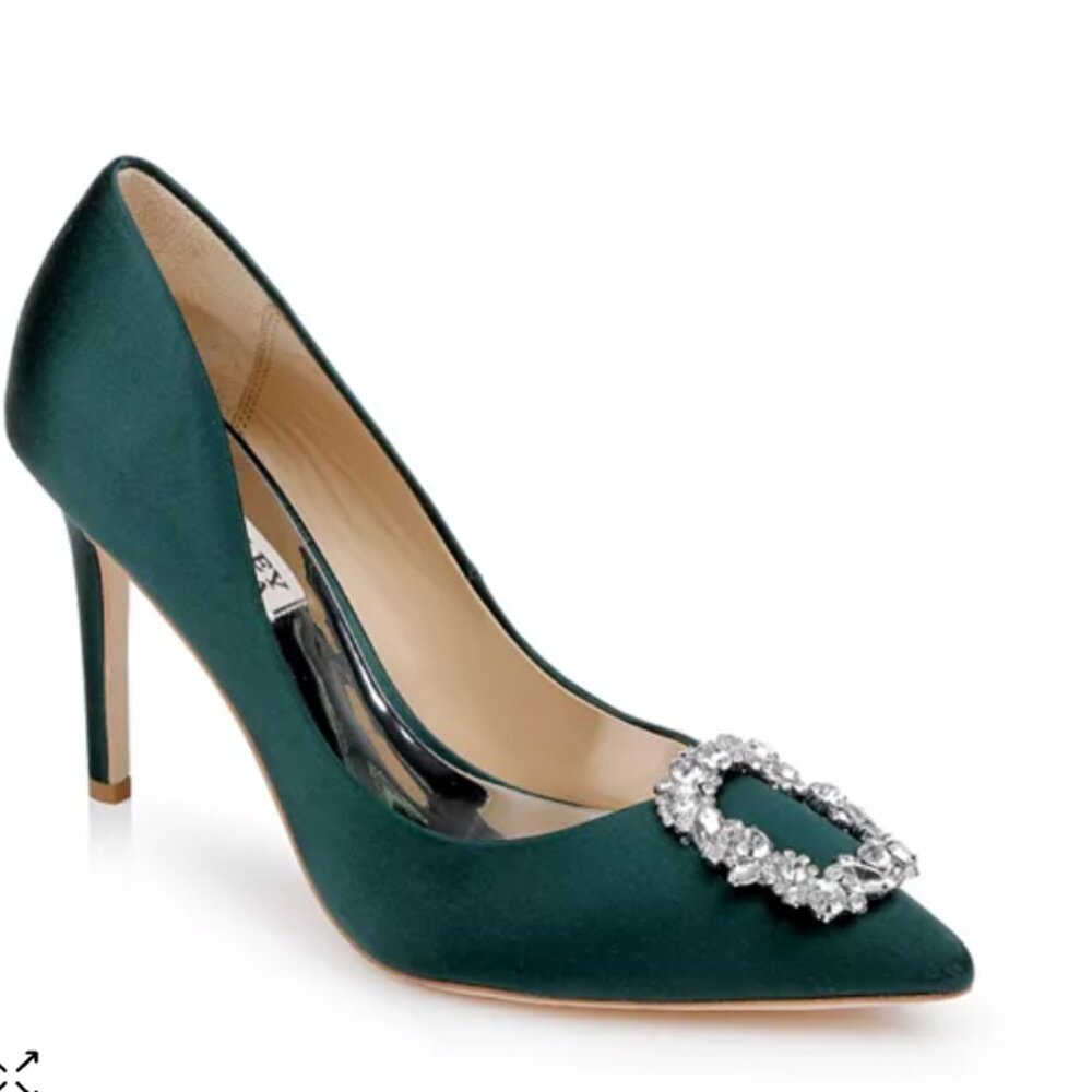 badgley mischka green satin crystal buckle pumps size 9